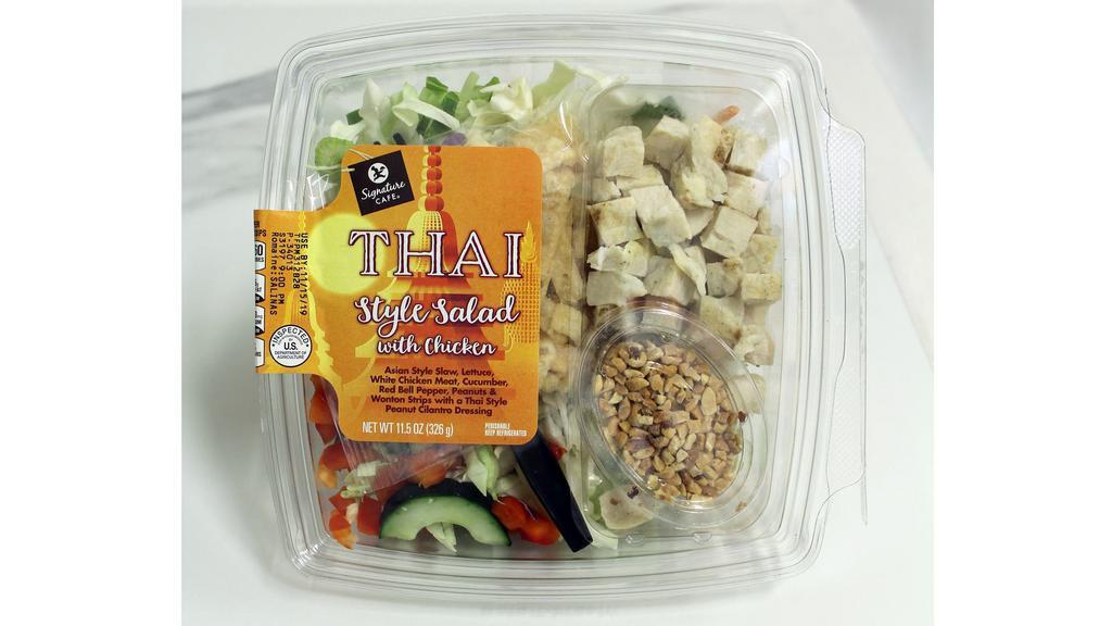 Signature Café Thai Salad 11.5Oz · Asian style slaw, lettuce, white chicken meat, cucumber, red bell pepper, peanuts & wonton strips with a Thai style peanut cilantro dressing.