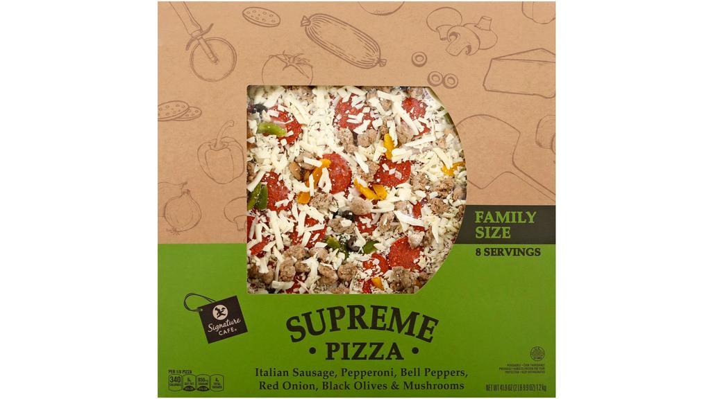 Signature Café Supreme Family Pizza · Italian sausage, pepperoni, bell peppers, red onions, black olives & mushrooms. 41.9 oz.
