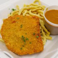 Jaeger Schnitzel · Breaded pork cutlet topped with our secret mushroom gravy and served with fresh house spaetz...