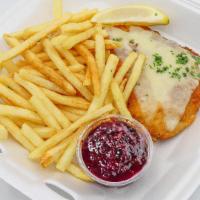 Haenchen Cordon Bleu · Breaded chicken breast, stuffed with premium ham,  swiss cheese and mustard. Served with cra...