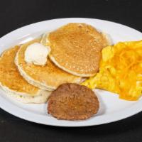 Pancakes  · TWO EGGS ANY STYLE CHOICE OF BACON, HAM, SAUSAGE OR NO MEAT