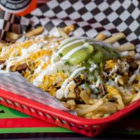 Carne Asada Fries · CALI FRIES  CARNE ASADAloaded with cheese beans guac sour cream onion cilantro and meatof ch...