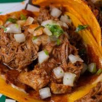Queso Taco Birria (Maiz) · MELTED CHEESE TACOS WITH MEAT ONION AND CILANTRO