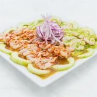 Aguachile Tierra Caliente · Lime Cooked Shrimp in Red and Green Citrus Spicy Sauce