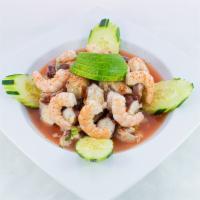 Levanta Muertos (Back To Life) · Raw shrimp, cooked shrimp, oysters, octopus, and shrimp ceviche.

Thoroughly cooking foods o...