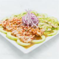 Aguachile Tierra Caliente · Lime Cooked Shrimp in Red and Green Citrus Spicy Sauce