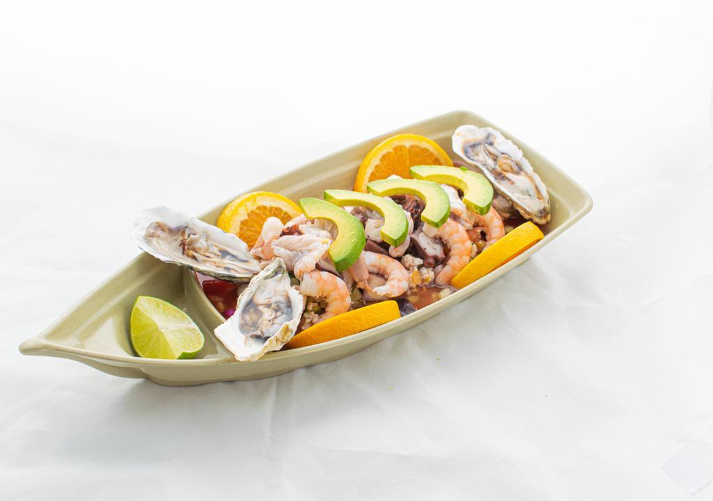 Ceviche Mitotero · Ceviche, raw shrimp with lime, octopus, cooked shrimp.

Thoroughly cooking foods of animal origin such as beef, fish, lamb, eggs, pork, poultry, or shellfish reduce the risk of food-borne illness. Consult your physician or public health officials for further information.