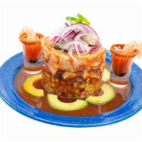 Dorada Tube · Octopus, Cooked Shrimp, Lime Cooked Shrimp, Two Oysters, Onion, Cucumber, Jalapeño, Avocado,...