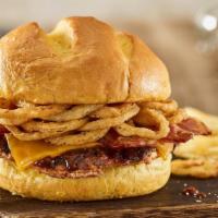 Bbq Bacon Cheddar Turkey Burger · Turkey burger, aged cheddar cheese, applewood smoked bacon, haystack onions, bbq sauce, toas...