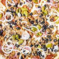 The Works Pizza Mini · Pepperoni, sausage, Canadian bacon, mushrooms, bell peppers, onions, and black olives.