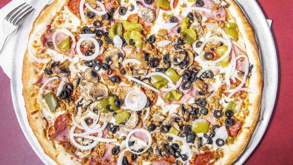 The Works Pizza Mini · Pepperoni, sausage, Canadian bacon, mushrooms, bell peppers, onions, and black olives.
