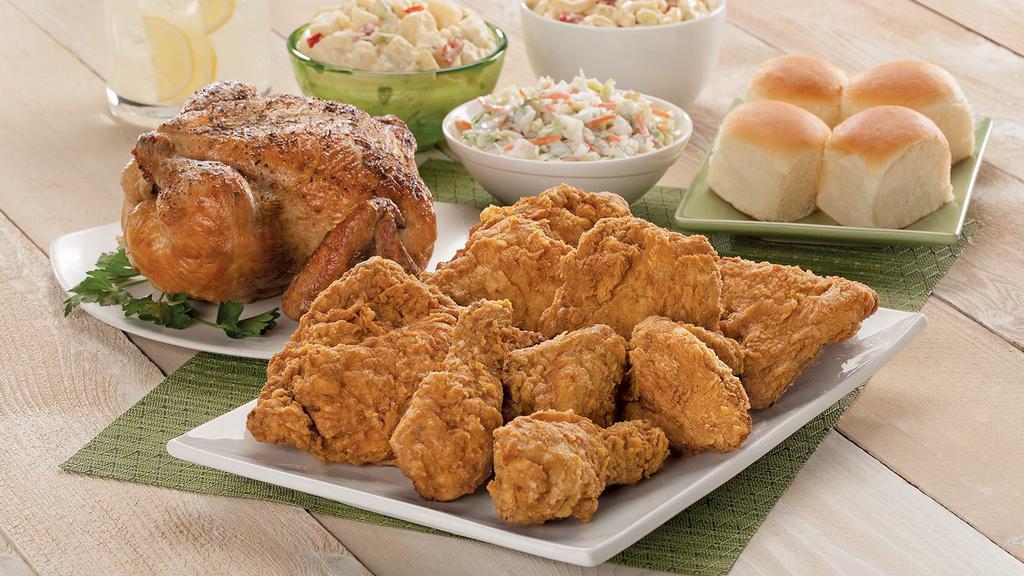 Chicken Deluxe Dinner Deal · Choose one meat, eight pieces chicken, one whole roasted chicken or 1lb of chicken tenders. Choose one side, 1lb potato wedges, classic potato salad, coleslaw, or macaroni salad. Choose a second side, 1lb of antipasto, summer slaw, deviled egg potato or broccoli crunch, plus four King's Hawaiian rolls.