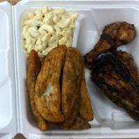 Chicken Combo Meal #1 · Grilled chicken leg and thigh, potato wedges, macaroni salad.