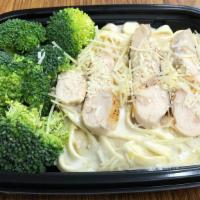 Chicken Fettucine Alfredo Meal · Fettucine alfredo with all white meat chicken and fresh broccoli topped with parmesan cheese.