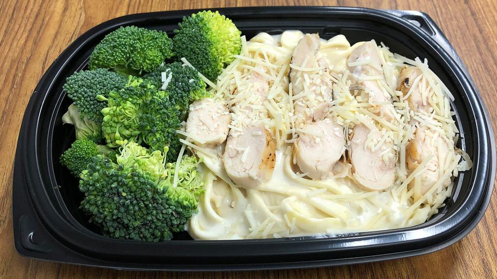 Chicken Fettucine Alfredo Meal · Fettucine alfredo with all white meat chicken and fresh broccoli topped with parmesan cheese.