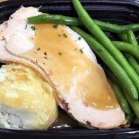Turkey Breast With Veggies Meal · Store roasted turkey breast with mashed potatoes, gravy and green beans.