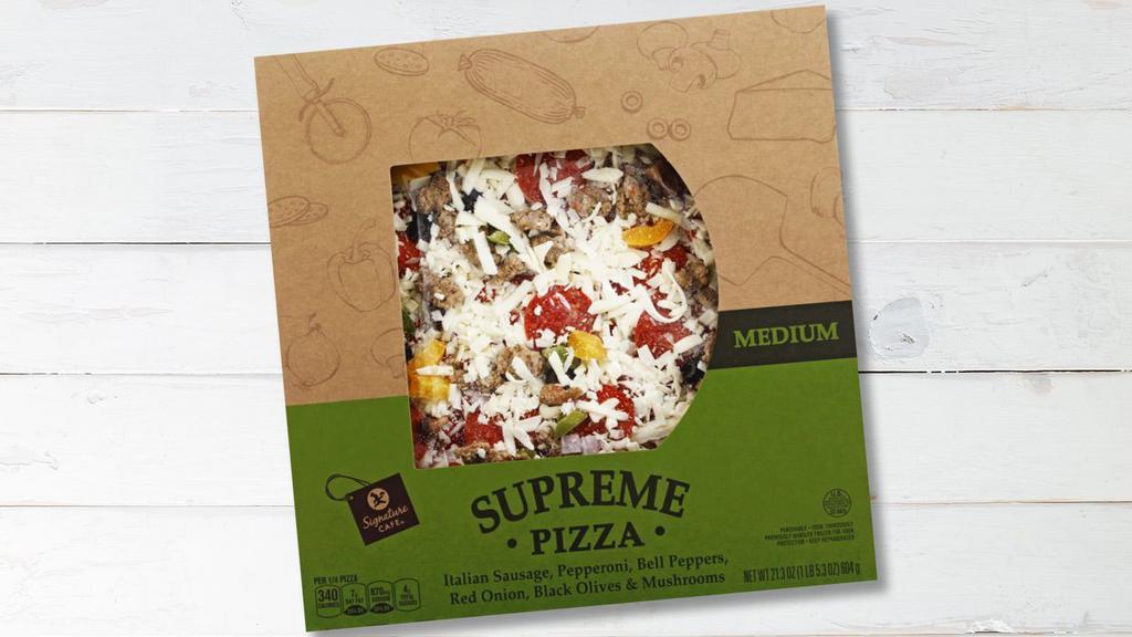 Signature Café Supreme Pizza · Italian sausage, pepperoni, bell peppers, red onions, black olives, and mushrooms.