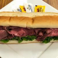 Roast Beef Provolone Footlong · Roast beef, provolone cheese, and lettuce on a 12