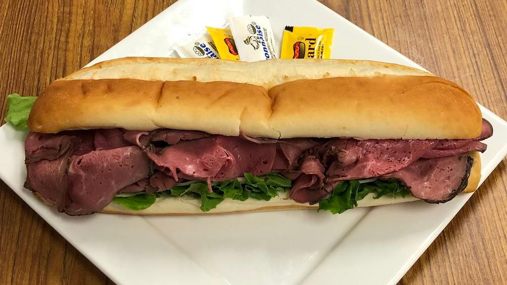 Roast Beef Provolone Footlong · Roast beef, provolone cheese, and lettuce on a 12