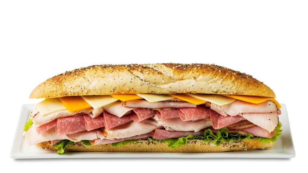 Everything Super Sub · Honey Ham, Pan Roaster Turkey Breast, Genoa Salami, Peppered Turkey Breast, Cheddar Cheese and Pepper Jack Cheese on Everything Seasoned Bread.