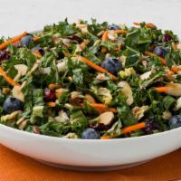 Super Food Kale Salad · Kale, blueberries, cabbage, shredded carrots, dried cranberries, roasted sunflower seeds, re...