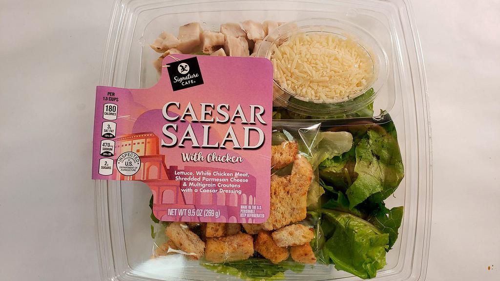 Signature Café Chicken Caesar Salad (9.5Oz) · Romaine lettuce, white meat chicken, Parmesan cheese, croutons with a caesar dressing.