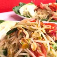Papaya Salad ( Thai Or Lao Style ) · Add shrimp for an additional charge.
Shredded papaya, green beans, tomato & peanuts, seasone...