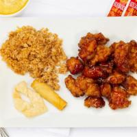 General Tso'S Chicken · Spicy. Breaded chunks of chicken sautéed with hot peppers, vegetables, and garlic brown sauce.