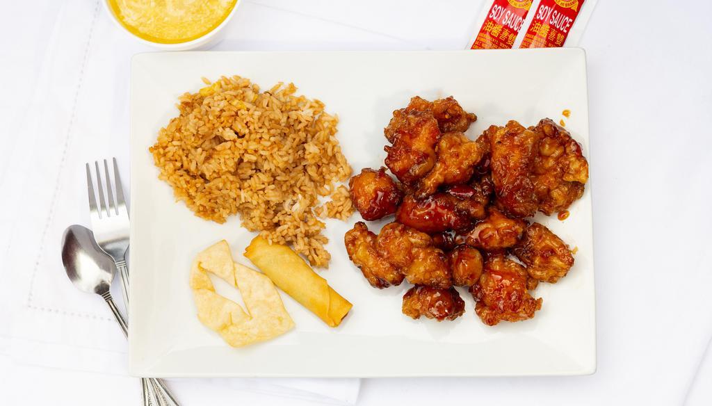 General Tso'S Chicken · Spicy. Breaded chunks of chicken sautéed with hot peppers, vegetables, and garlic brown sauce.