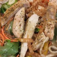 Oriental Chicken Salad · Greens topped with chicken breast, snow peas, chow mein noodles, carrots and red peppers wit...