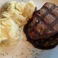 Filet Mignon · 8 oz. Grilled and served with a Red Wine Bordelaise, garlic whipped potato and fresh seasona...