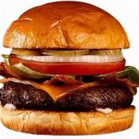 Turkey Bacon Burger Sandwich · 6 Oz Charbroiled Seasoned Angus Ground Chuck Burger Topped w/ Thick Cut Turkey Bacon, Choice...
