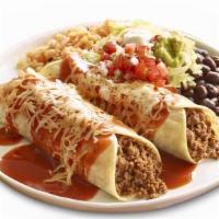 Enchilada Platter · 2 smothered enchiladas stuffed with your choice of protein served with rice and beans, sour ...