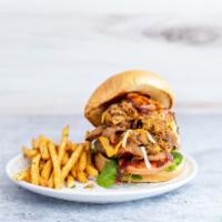 Ultimate Bacon Cheeseburger With Fries · Cheeseburger with BBQ pulled pork, crispy onions, bacon jam, and truffle fries. Served with ...