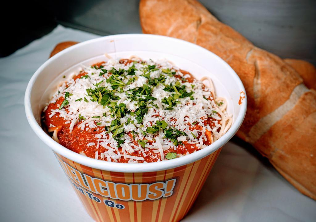 Family Bucket · Feeds five. 2 lbs spaghetti, marinara sauce, 1/2 loaf of garlic bread. Additional charge for full loaf of garlic bread.

The best thing about the family bucket is that no one is going to judge you if keep half for lunch tomorrow.