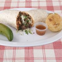 Burrito · With choice of meat, onions, rice, refried beans, cilantro, salsa.