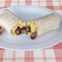 Breakfast Burrito · All day! Hasbrowns, onions, cheese, salsa, cilantro, choice of ham, bacon, chorizo or sausage.