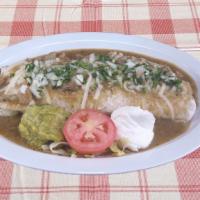 Burrito Chile Verde · Pork burrito in green sauce with guacamole & sour cream, topped with melted cheese, onions, ...