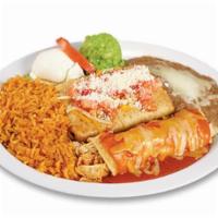 Enchilada And Chimichanga · Includes rice, beans, choice of meat, sour cream, guacamole, mexican cheese, tomato and spec...