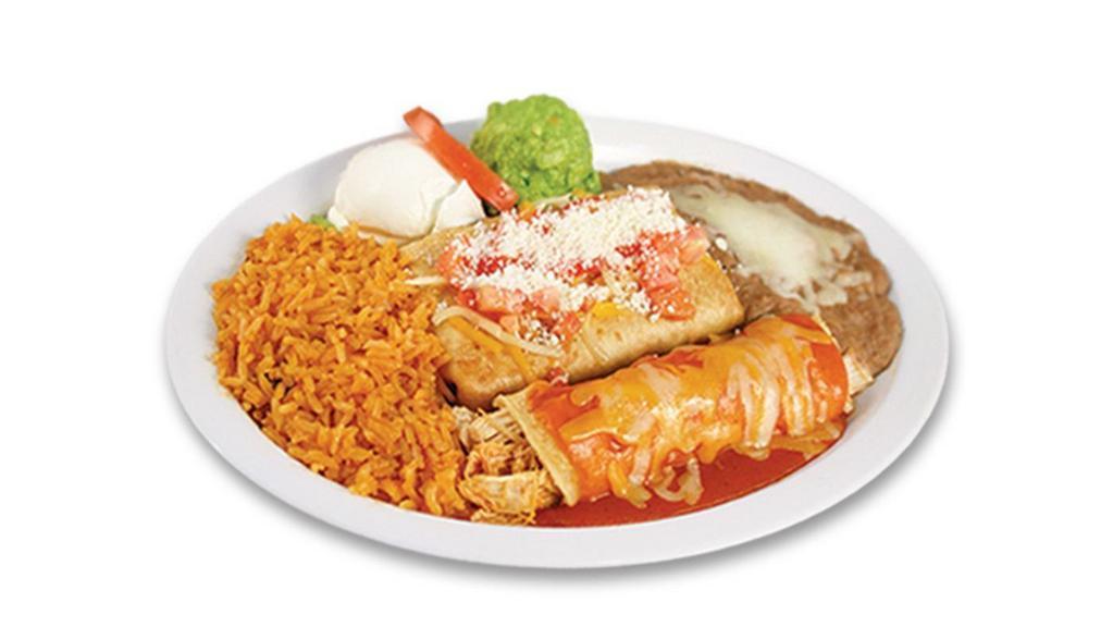 Enchilada And Chimichanga · Includes rice, beans, choice of meat, sour cream, guacamole, mexican cheese, tomato and special sauce.