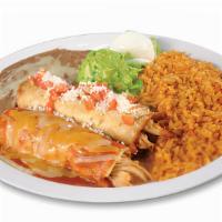 Enchilada &  Flauta · A Chicken Flauta and an Enchilada with the meat of your choice. It includes rice, beans, sou...
