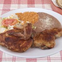 1/2 Pollo Asado With Three Sides · Grilled chicken seasoned with our secret sauce. Side options: rice, beans, salad, fries. Cho...