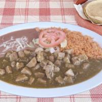 Pork Chile Verde · Pork chunks cooked in tomatillo sauce. Served with rice & beans. Choice of flour or handmade...