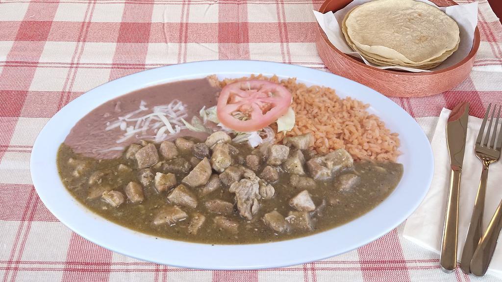 Pork Chile Verde · Pork chunks cooked in tomatillo sauce. Served with rice & beans. Choice of flour or handmade corn tortillas.