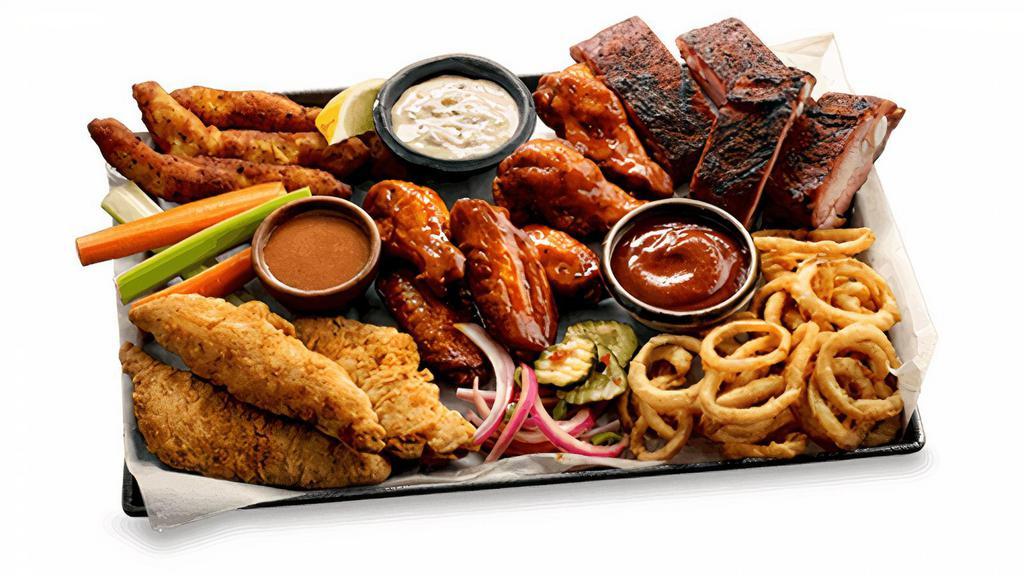 Dave'S Sampler Platter Appetizer · Southside Rib Tips, Hand-Breaded Chicken Strips,. Sweetwater Catfish Fingers, Onion Strings. and Traditional Wings or Boneless Wings with choice of sauce