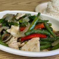 Spicy Basil · Choice of meat stir fried with onion, green bean, bell pepper, mushroom, and basil. Served w...
