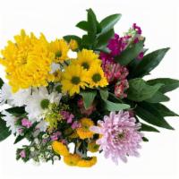 Glory Bouquet  · White and yellow daisies, wax flower, stock, button poms, alstroemeria, and a large mum, fin...