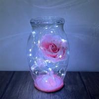Shorty  · Short pink enchanted rose in glass enclosure with led lights.