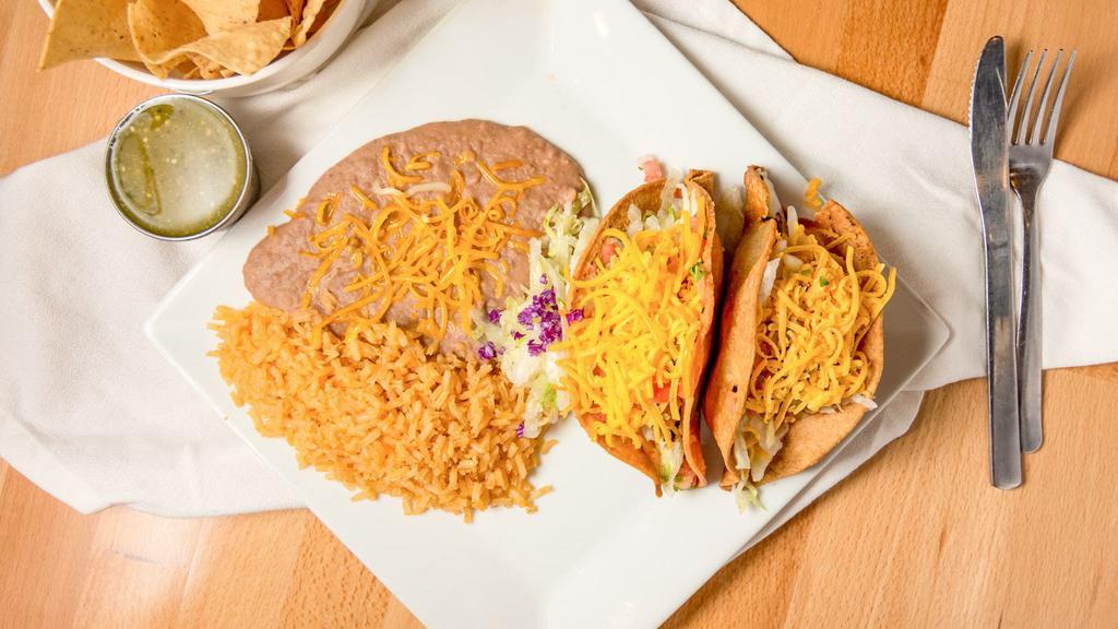 Crispy Taco · Corn tortilla (regular size), your choice of shredded beef, asada, adobada or chicken, topped with lettuce, salsa fresca and cheese