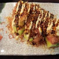 Kamikaze Maki · Twin Jumbo Shrimp Tempura Rolled w. Avocado In Soy Wrapper, Topped w. Spicy Tuna Crunchy, Ka...
